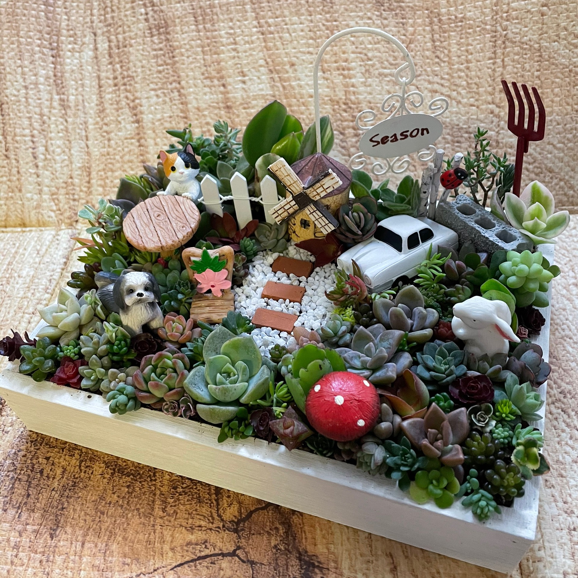 プレゼントにも〜受注制作 わんちゃんガーデン箱庭風多肉植物寄せ植え