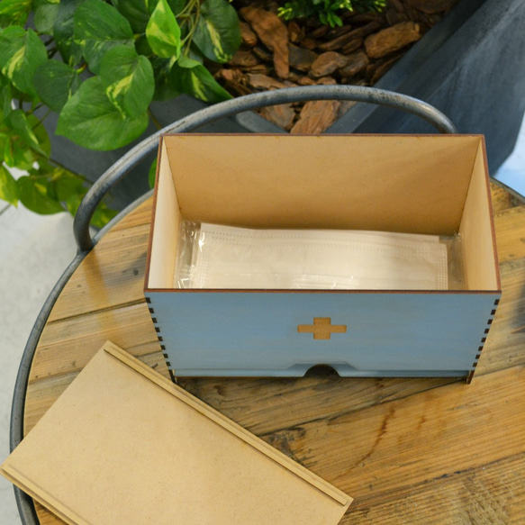 木製 マスク 収納ボックス ブルー 5枚目の画像