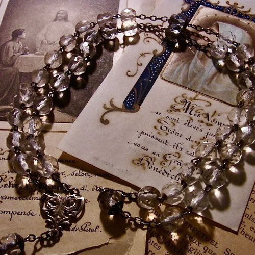 フランス アンティーク クリア ビーズ ロザリオ リメイク ネックレス