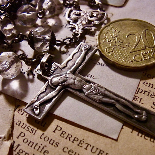 フランス アンティーク クリア ビーズ ロザリオ リメイク ネックレス