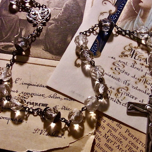 フランス アンティーク クリア ビーズ ロザリオ リメイク ネックレス