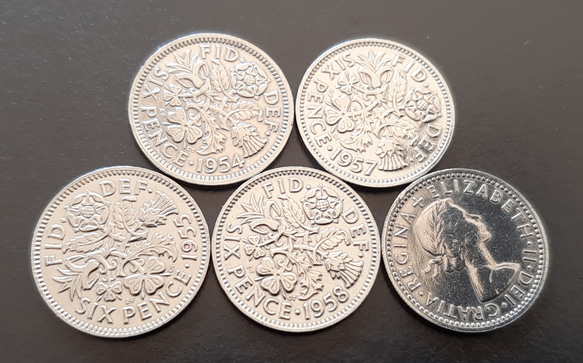 幸せのシックスペンス イギリス 1954年~1958年  5枚セット ラッキー6ペンス 英国コイン  美品 本物 1枚目の画像