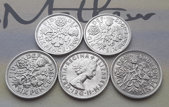 5枚セット 幸せのシックスペンス イギリス 1962年~1966年 ラッキー6ペンス 英国コイン 美品です 本物 1枚目の画像