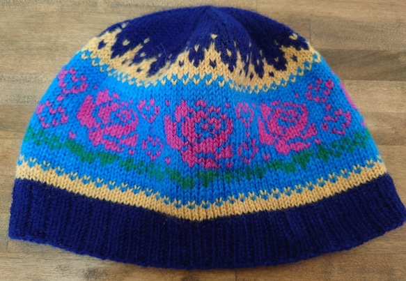 【即納】秋冬ニット帽子カラフルウール１００％フェアアイル帽子マルチカラー 2枚目の画像