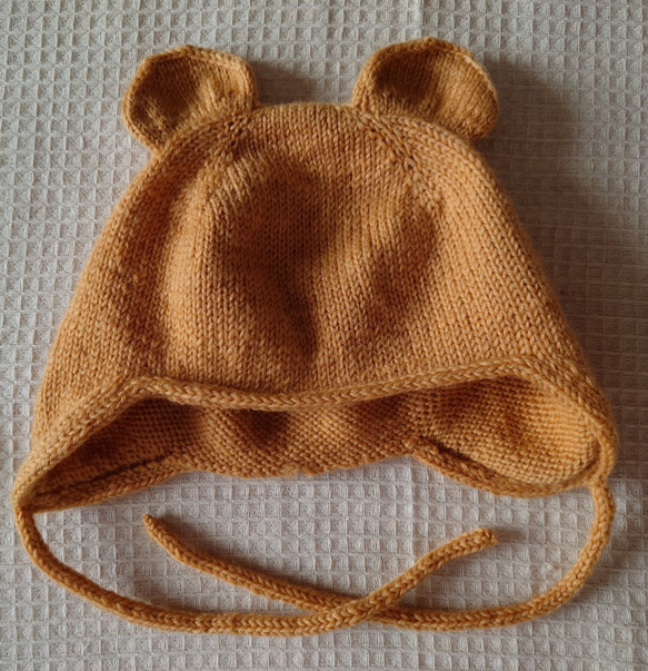 【即納】子供用のクマ耳付き帽子メリノウール100%の手編みあったかニット帽 1枚目の画像