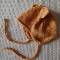 【即納】子供用のクマ耳付き帽子メリノウール100%の手編みあったかニット帽 2枚目の画像