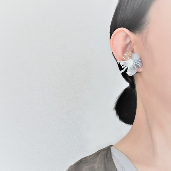 autumm.Ⅰ ピアス/羊毛×ビーズ×シーグラス×金継ぎ..異素材mixアクセサリー 5枚目の画像