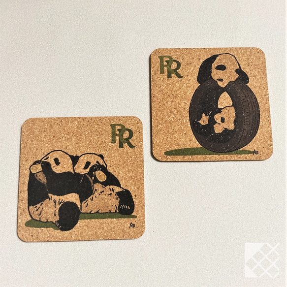 パンダのコルクコースター２枚セット 角型【RinRon】 1枚目の画像