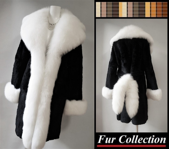 リッチさと女らしさが光り、華やかな雰囲気に包まれる☆白フォックスファー×黒シェアードラパン毛皮コート　リアルファーコート 7枚目の画像