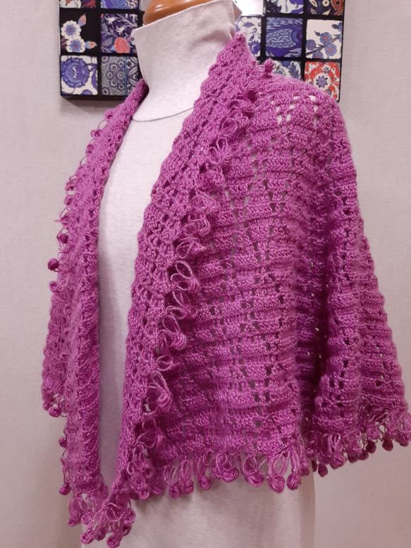 『サーモンピンク&ブラウン』の世界でひとつの手編みストール　マフラー