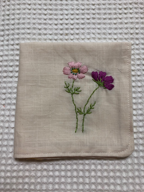 コットンの刺繍ハンカチ☆コスモス 1枚目の画像