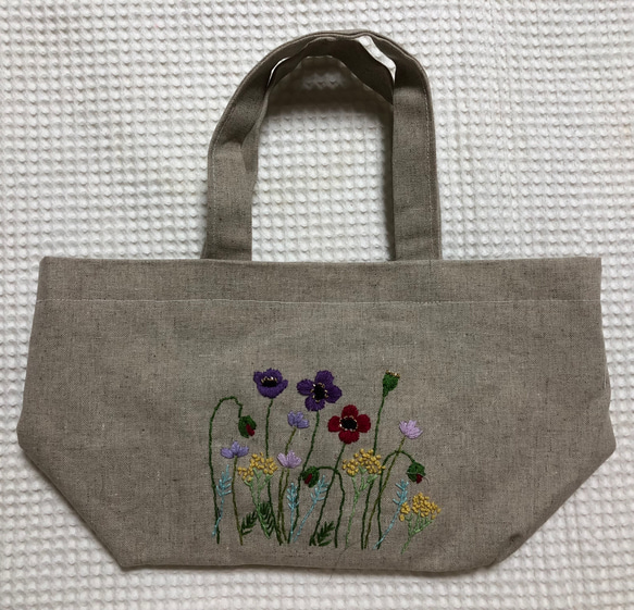 （受注製作）リネンの刺繍ミニトート☆アネモネの花畑 1枚目の画像