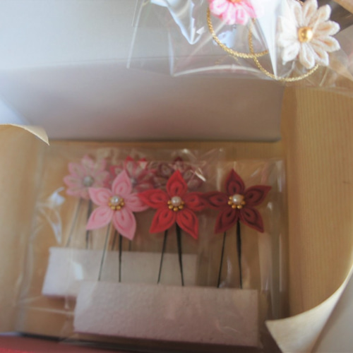 つまみ細工 ちりめん 髪飾り かんざし＋小花6点セット ピンク系 七五三