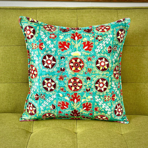 トルコ柄　クッションカバー トルコシュニール織スザンニ柄(トルコの桜)ターコイズブルー