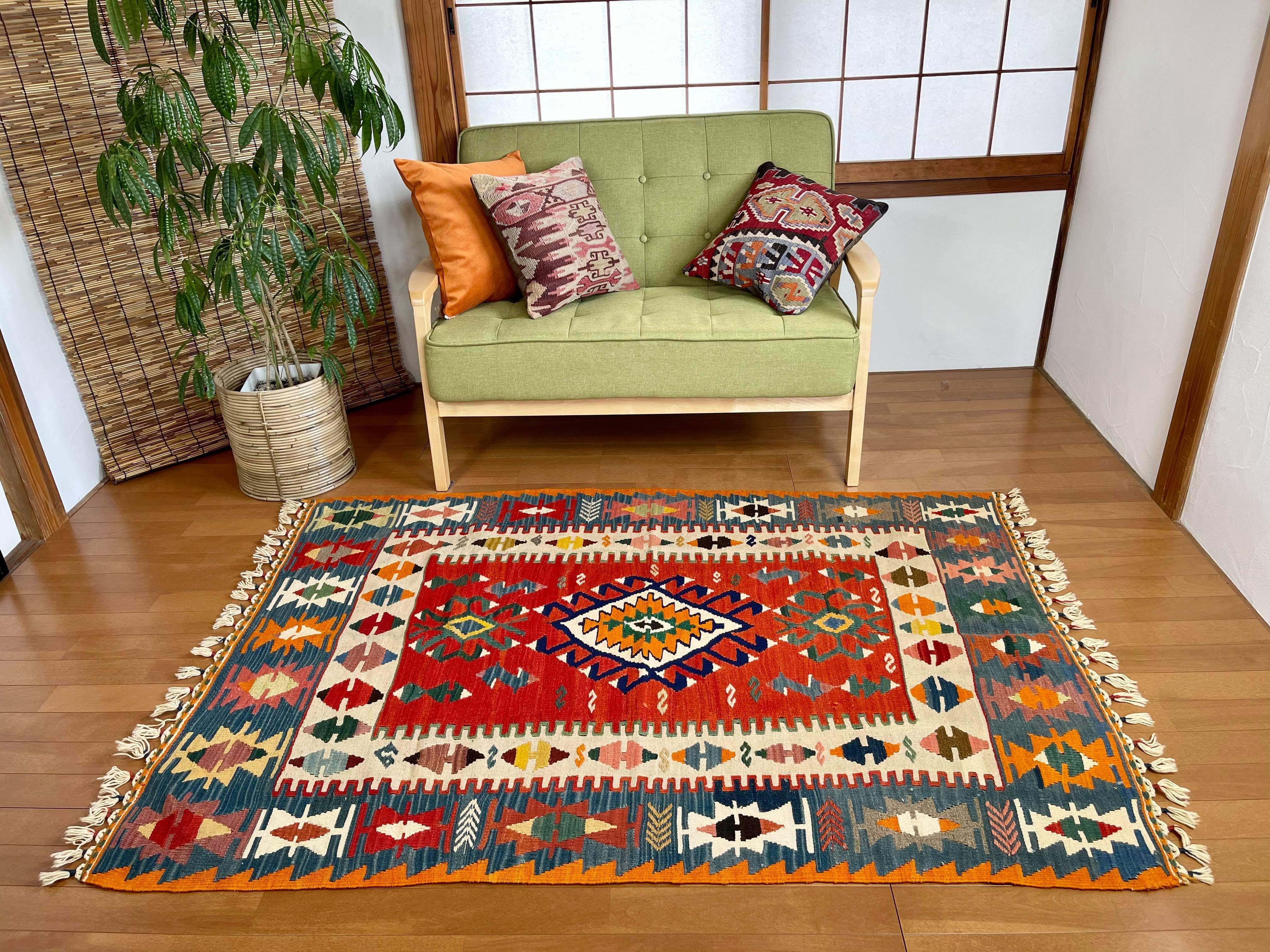 キリムラグヴィンテージラグオレンジイエローブラウン