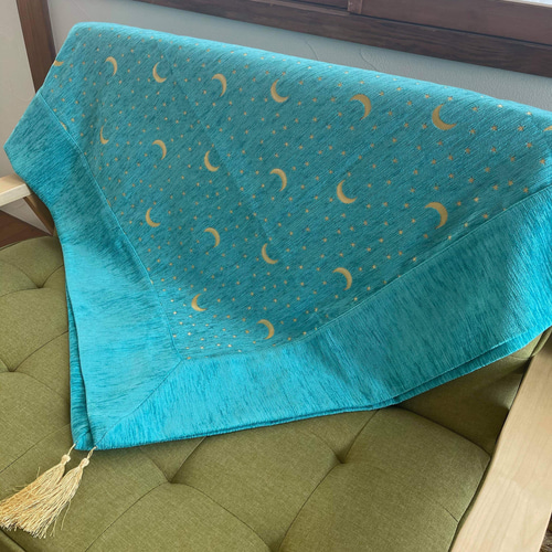 トルコ シュニール織 月と星のターコイズブルーベットカバー(シングル