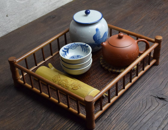 収納する 竹編細工籠 竹製円形茶器トレイ