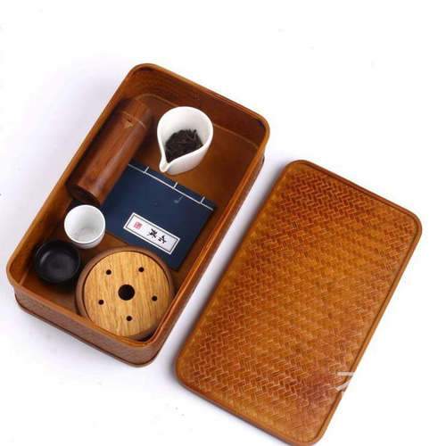 杏子】民芸職人手作り 自然竹の編み上げ 茶籠 茶道具収納 古風 便攜