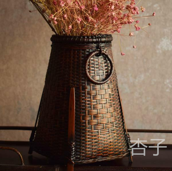 藤编 民芸職人手作り 花かご 自然竹の編み上げ 花瓶 生け花