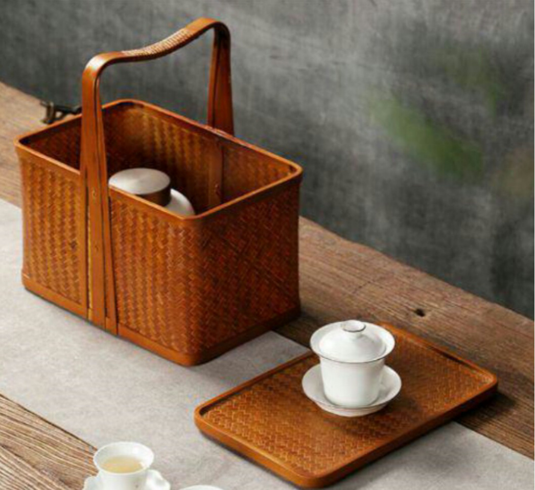 竹編 茶器収納箱 提籠かご 茶箱竹かご かごバッグ 杏子の手作り---工房