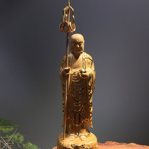 木造彩色地蔵菩薩立像 一木造 蓮華座上 黒漆塗厨子 仏教美術