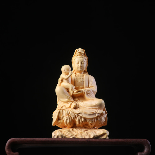 木彫り 仏像 送子観音 子守観音 観音菩蕯 観音像 彫刻 柘植 木細工