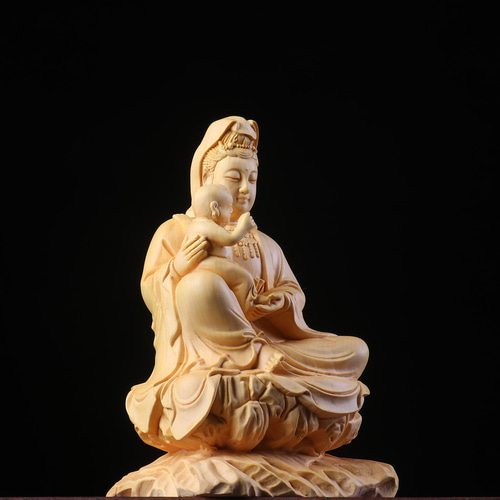 木彫り 仏像 送子観音 子守観音 観音菩蕯 観音像 彫刻 柘植 木細工