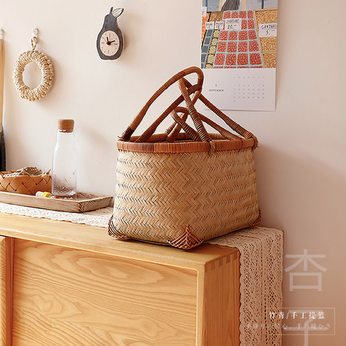 竹工芸 竹編みバッグ 茶道具収納 収納ケース古風 職人手作り ピクニック 便R 杏子】竹工芸 竹編みバッグ 茶道具収納 職人手作り ピクニック