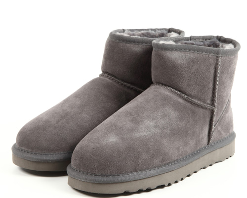 ムートン風 ショートブーツ グレー レザー 牛革 ふわふわ あったかい