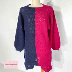 ニット　バイカラートップス　ヘアバンド付き　119 BICOLOR TUNIC ROSE/NAVY 1枚目の画像