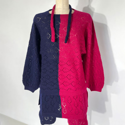 ニット　バイカラートップス　ヘアバンド付き　119 BICOLOR TUNIC ROSE/NAVY 2枚目の画像