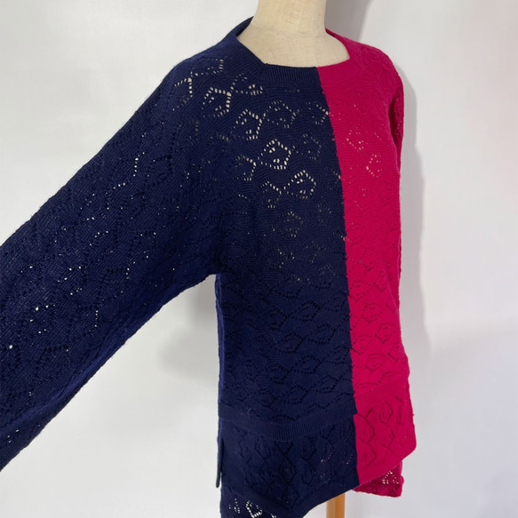 ニット　バイカラートップス　ヘアバンド付き　119 BICOLOR TUNIC ROSE/NAVY 5枚目の画像