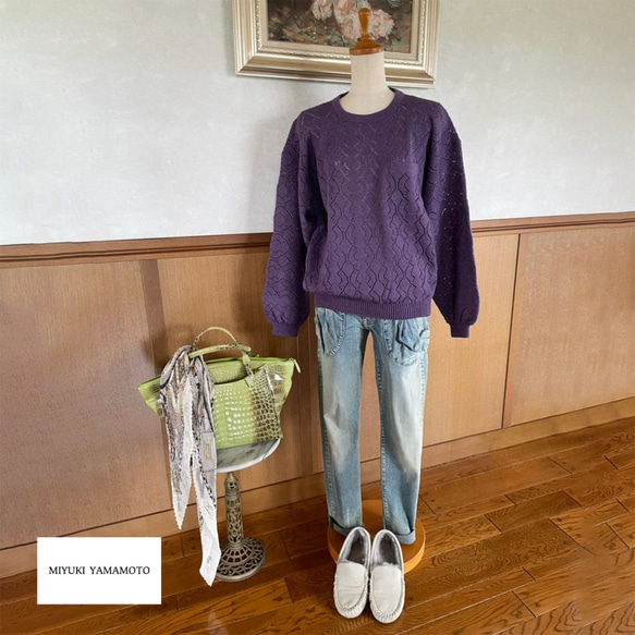ウール１００％ ユニセックス レース編みトップス　204 UNISEX PURPLE LACE TOPS 1枚目の画像