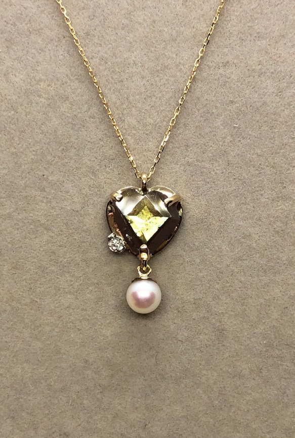 希少石レインボーガーネットとあこや真珠のペンダント・ダイヤモンド・18金 1枚目の画像