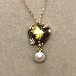 希少石レインボーガーネットとあこや真珠のペンダント・ダイヤモンド・18金 2枚目の画像