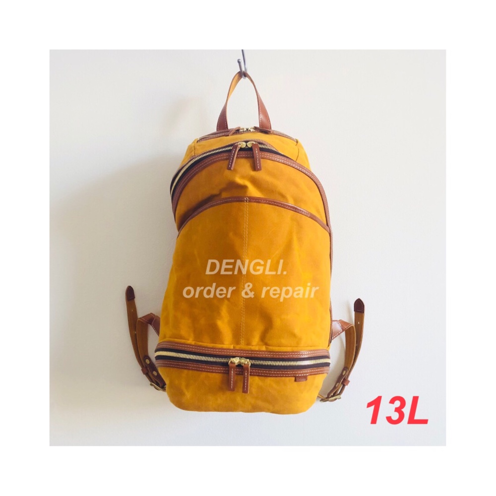 DENGLI.リュック/13L/マスタード×ヌメ革/パラフィン加工帆/アウトドアー/リュックサック/旅先の色2025