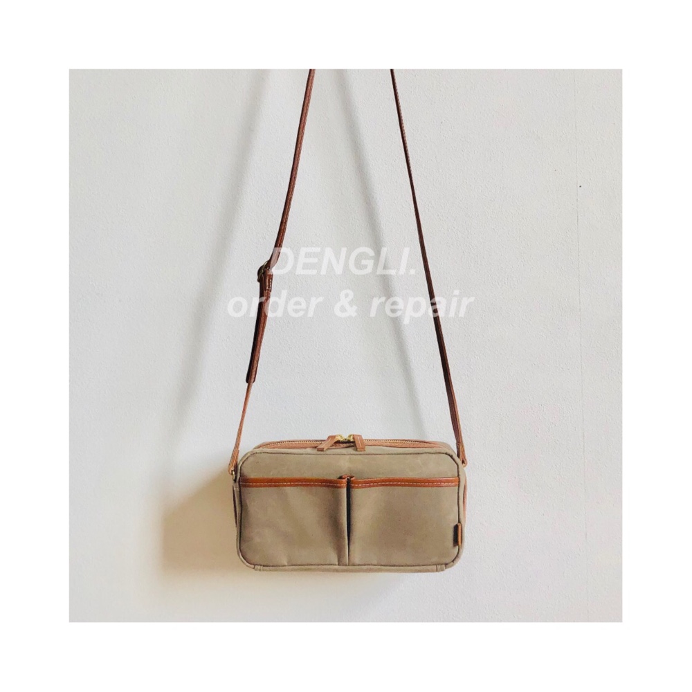 DENGLI.お財布バッグ/ライトブラウン×ヌメ革コンビ/パラフィ加工帆布/ヌメ革/ショルダーお財布バッグ/収納力抜群