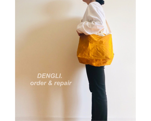 DENGLI.Mショルダートートバッグ/横型/パラフィン加工帆布/撥水/A4