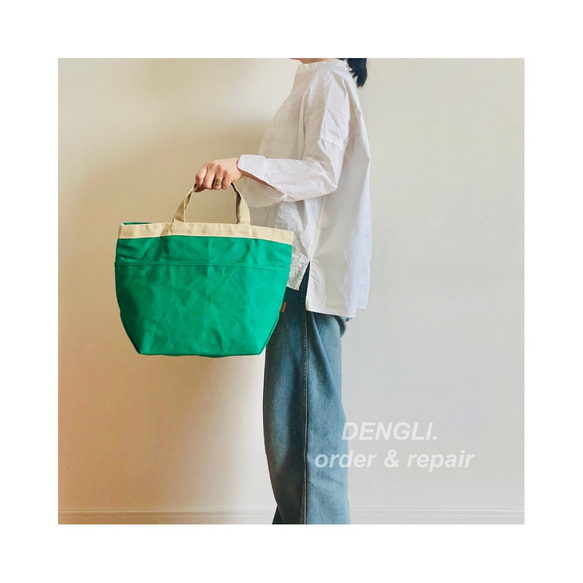 DENGLI.M 手提包/沙米色 x 綠色/石蠟處理帆布/防水效果/A4/輕便耐用 第1張的照片