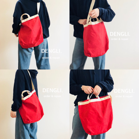 DENGLI.L 單肩手提包 / 本色 x 紅色 / 石蠟處理帆布 / 防水 / A4 / 輕便耐用 / 3way 第5張的照片