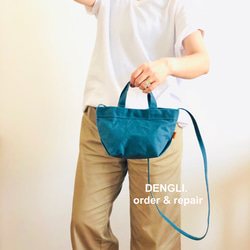 DENGLI.ミニショルダートートバッグ/シアンブルー/パラフィン加工帆布/撥水効果/軽くて丈夫/3way 4枚目の画像