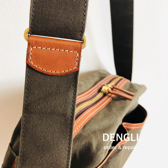 DENGLI.ポーチショルダーバッグ/パラフィン加工帆布/ダークオリーブ×ヌメ革/長財布/ペットボトル/折りたたみ傘 6枚目の画像