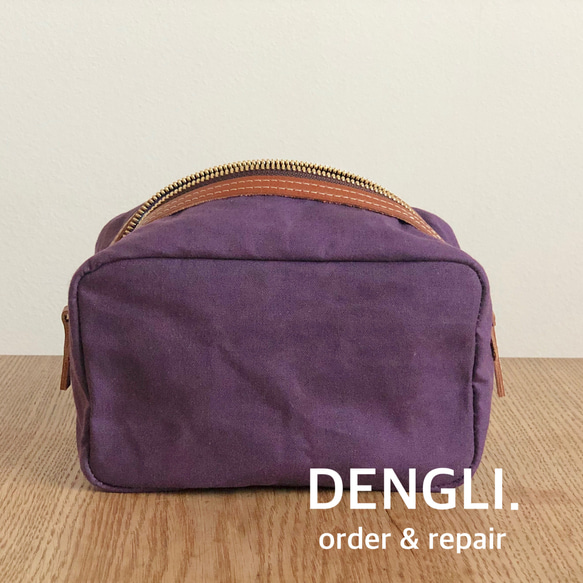 DENGLI.ポーチ/シカク/パープル×ヌメ革コンビ/パラフィン加工帆布/撥水効果/軽くて丈夫 4枚目の画像