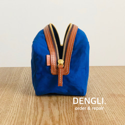 DENGLI.ポーチ/シカク/ジャパンブルー×ヌメ革コンビ/パラフィン加工帆布/ヌメ革/撥水効果/軽くて丈夫 1枚目の画像