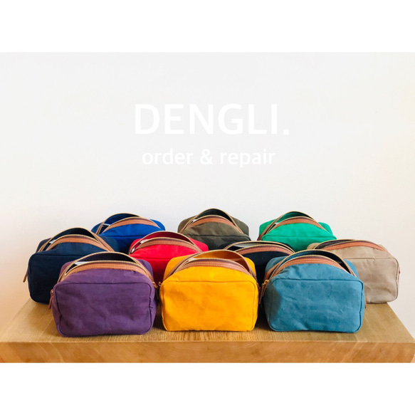 【母の日】DENGLI.ポーチ/シカク/パラフィン加工帆布/ヌメ革/撥水効果/軽くて丈夫/化粧ポーチ 2枚目の画像