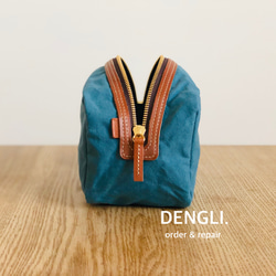 【母の日】DENGLI.ポーチ/シカク/パラフィン加工帆布/ヌメ革/撥水効果/軽くて丈夫/化粧ポーチ 1枚目の画像