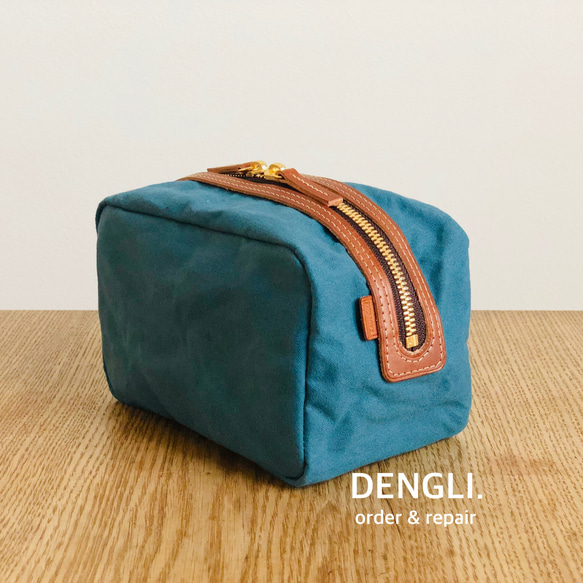 【母の日】DENGLI.ポーチ/シカク/パラフィン加工帆布/ヌメ革/撥水効果/軽くて丈夫/化粧ポーチ 3枚目の画像