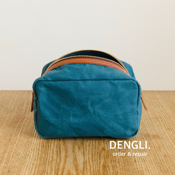 【母の日】DENGLI.ポーチ/シカク/パラフィン加工帆布/ヌメ革/撥水効果/軽くて丈夫/化粧ポーチ 4枚目の画像