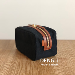 【母の日】DENGLI.ポーチ/シカク/パラフィン加工帆布/ヌメ革/撥水効果/軽くて丈夫/化粧ポーチ 3枚目の画像