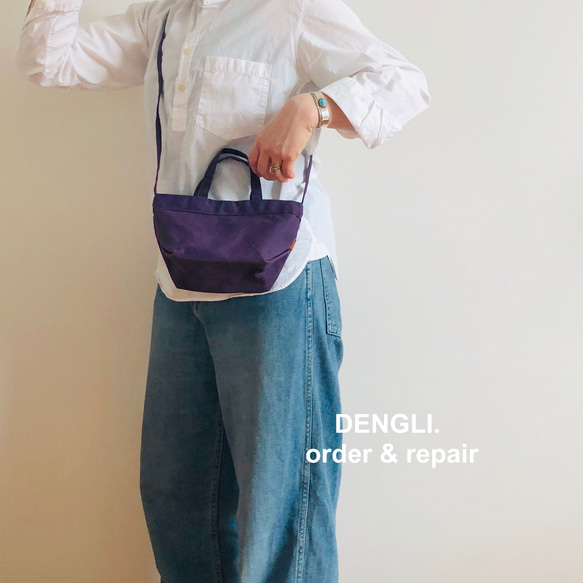 DENGLI.迷你單肩手提包/紫色 x 紫色/石蠟處理帆布/防水效果/輕便耐用/3way 第1張的照片
